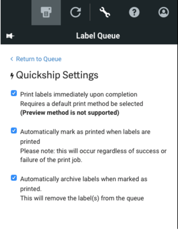 Captura de pantalla de la configuración de Quickship. Las opciones se enumeran y describen a continuación.