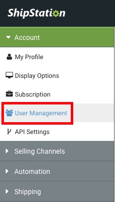 Einstellungen der Seitenleiste: Dropdown-Menü „Konto“. Die Option Benutzerverwaltung ist rot unterlegt.