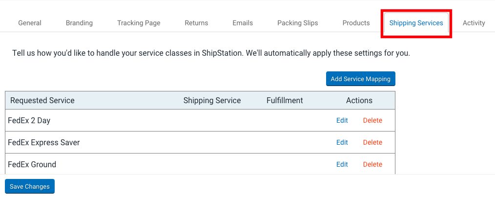 Configuración > Configuración de la tienda > Editar página con un cuadro rojo que resalta la pestaña Envío. Enumera los servicios de envío de la tienda.