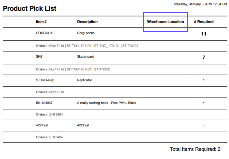 Exemple de liste de prélèvement. L'en-tête de colonne Emplacement dans l'entrepôt est encadré.