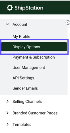 Paramètres du compte, navigation latérale. L'option de menu Options d'affichage est encadrée.