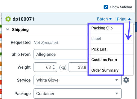 Onglet Commandes, barre latérale des expéditions. Le menu Imprimer est encadré en rouge, les options s'affichent.