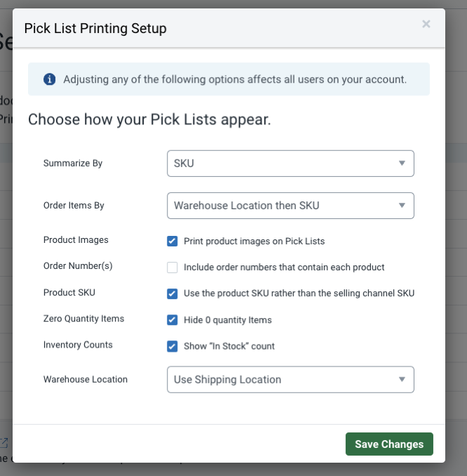 Pop-up de configuration de l'impression pour la liste de prélèvement. Les options affichées sont : Regrouper par, Trier les articles par, Images des produits, Numéro de la commande et SKU des produits