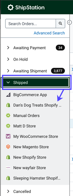 V3 Registerkarte Aufträge, seitliche Navigationsleiste, roter Kasten hebt den Status „Versendet“ hervor. Der Pfeil zeigt auf den Namen des Shops
