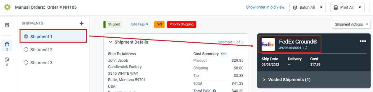 Die Tracking-Nummer wird in der Sendungsübersichtskarte für die ausgewählte Sendung auf dem Bildschirm mit den order details angezeigt.