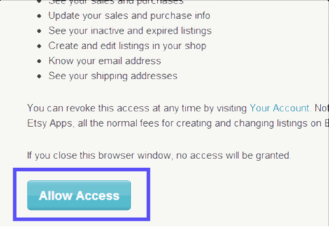 Etsy's Confirm Access popup with the Allow Access button shown.