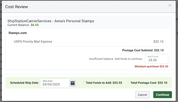 Cost Review pop-up states "Insufficient funds. Add funds to continue." Cursor appears in Add Funds field.