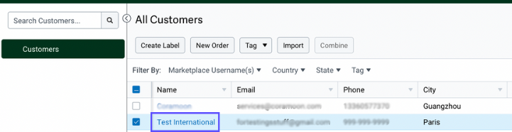 Customer Grid with one customer selected.