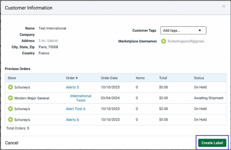 V3 Customer Information pop-up. Red box highlights Create Label button.