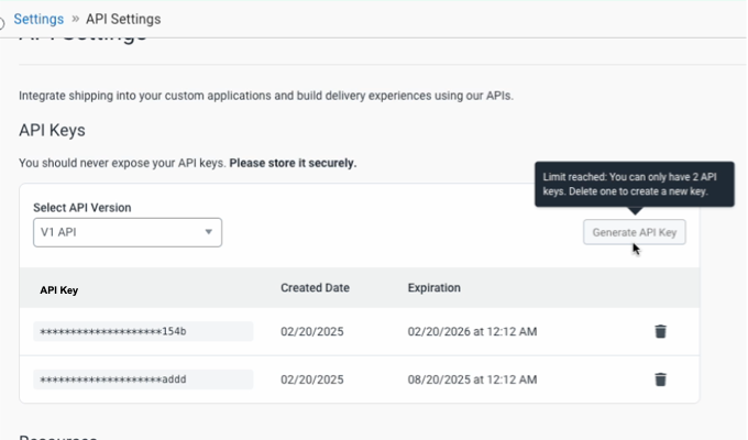 API Settings page. Shows API Versions menu, keys, created & expiration dates, & delete icons