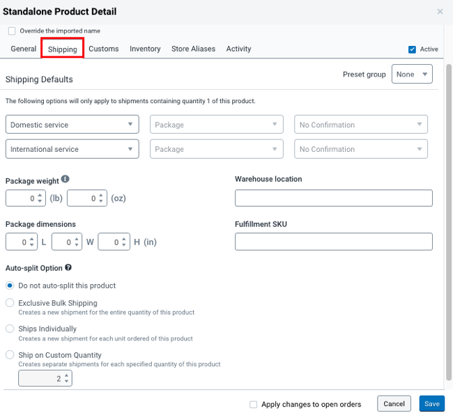 Product details Shipping defaults tab.