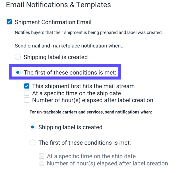 Configuration de la boutique : l'onglet E-mails est encadré en rouge ainsi que l'option Envoyer la notification à la plateforme marchande.