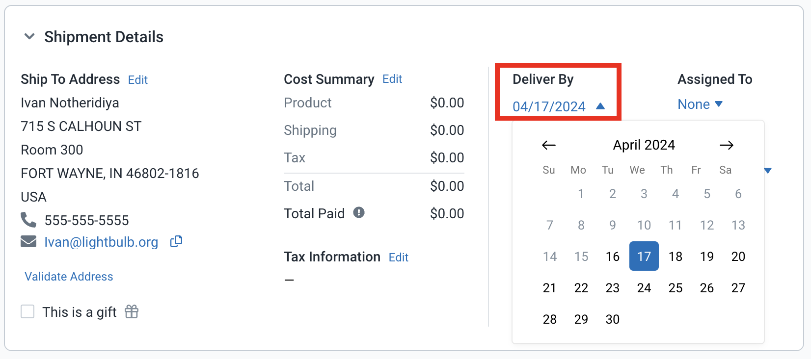 Shipment Details popup. Box highlights Deliver By Date dropdown for Recipent's expected delivery date