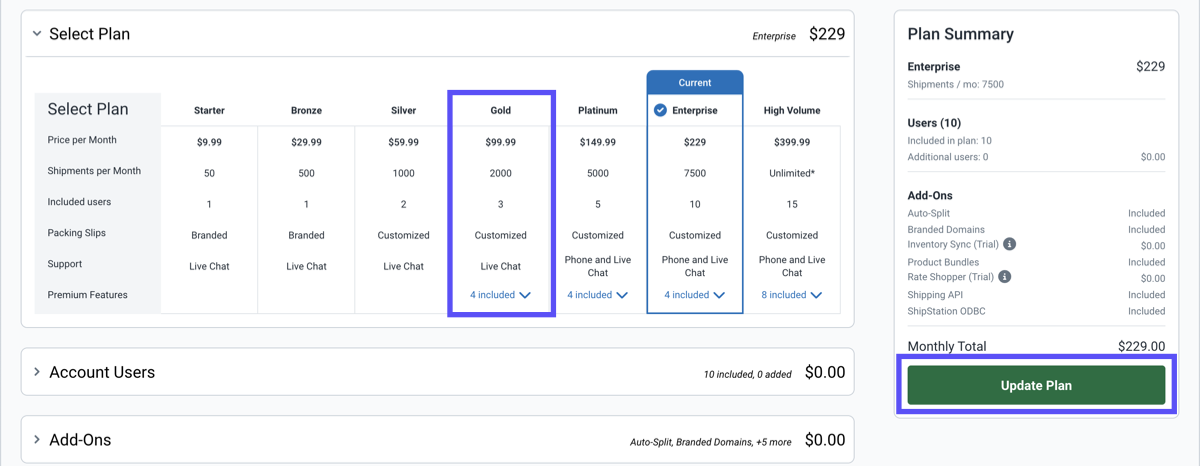 Change subscription plan pop-up screen displaying plan levels, prices, and features.