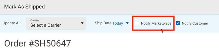 Ventana emergente de Marcar como enviado. El recuadro rojo resalta la casilla de verificación Notificar al marketplace.