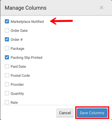 En el menú de administrar columnas V3, la flecha apunta a Marketplace notificado y Guardar columnas está resaltado.