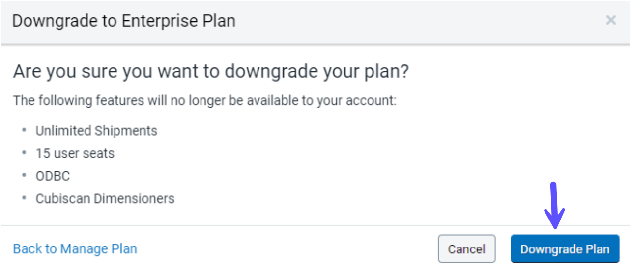 Der Downgrade-Plan-Bildschirm zeigt die Liste der Funktionen an, die entfernt werden, wenn Sie die Änderung des Abonnements bestätigen. Klicken Sie zur Bestätigung auf die Schaltfläche „Abonnement herabstufen“.