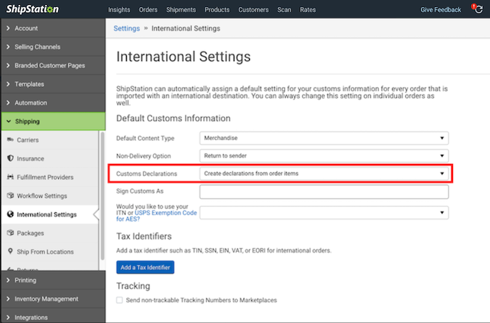 Das Fenster „Internationale Einstellungen“ mit rotem Kasten hebt das Dropdown-Menü „Zollanmeldungen“ hervor, für das „Anmeldungen aus Auftragspositionen erstellen“ ausgewählt wurde.