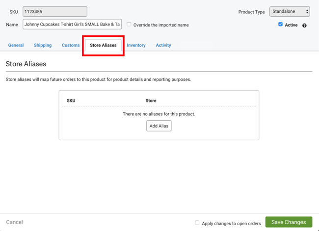 Produktdetails mit geöffneter Registerkarte „Shop-Aliasse“.