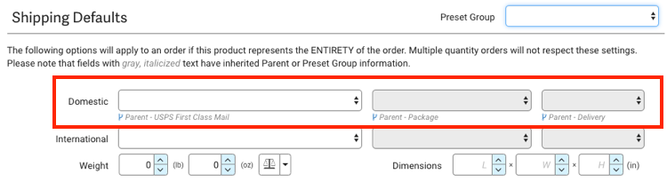 Produktdetails, Versandvorgaben, Hervorgehobene Dropdown-Listen für Inlandsprodukte.