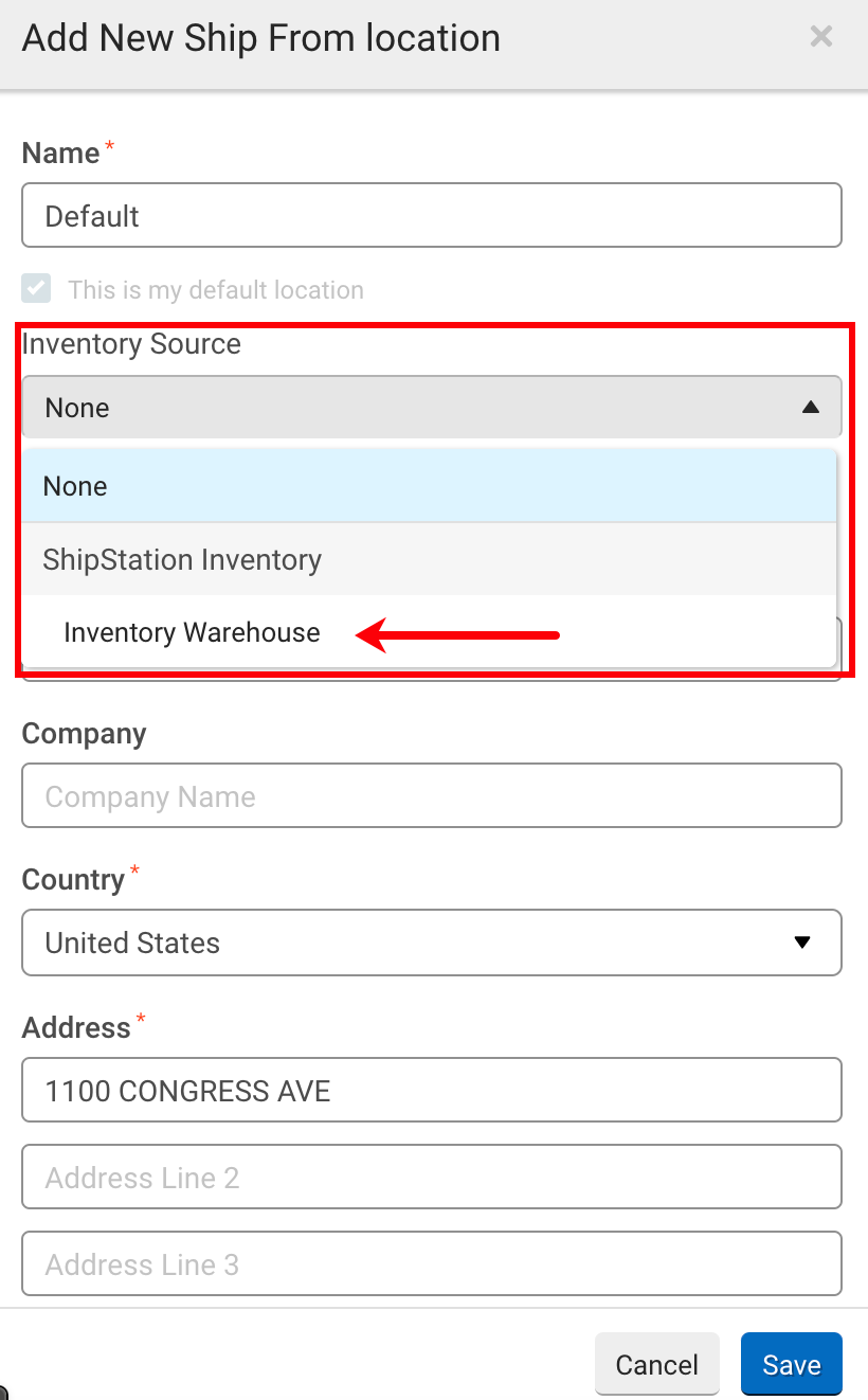 Beispiel für Details zu Absenderorten. Rotes Feld hebt das Dropdown-Menü „Bestandsquelle“ hervor, der Pfeil zeigt auf „Standort“.