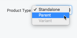 Dropdown-Menü Produkttyp mit ausgewählter Option „übergeordnet“.