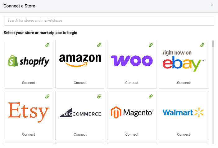 List of selling channel options available to connect to ShipStation.