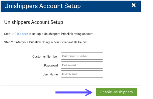 UPS Unishippers account setup form with arrow pointing to Enable Unishippers button.