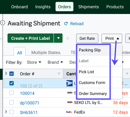 Orders tab. An arrow points from the Print button to drop-down options: Packing Slip, Label, Pick List, Customs Form, Order Summary