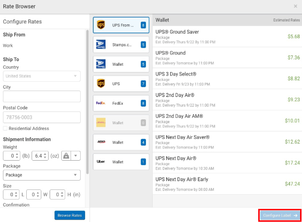 Rate Browser pop-up from Orders sidebar. Arrow points to Configure Label button
