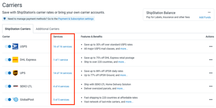 ShipStation Carriers settings with Services column highlighted
