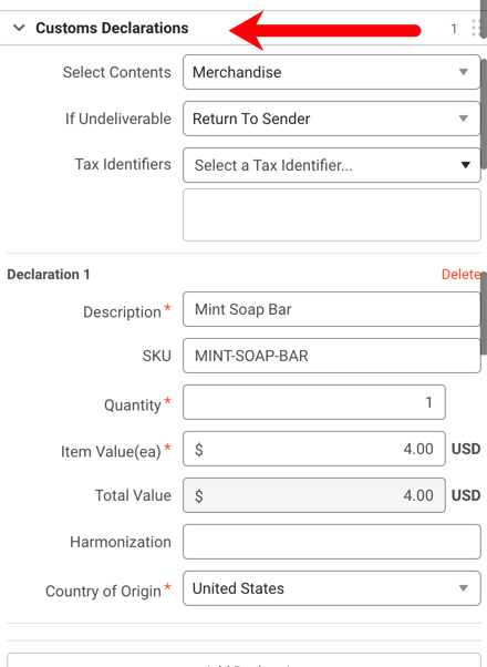 Configure Shipment Widget (CSW). US-specific image. Arrow points to Customs Declaration dropdown menu.