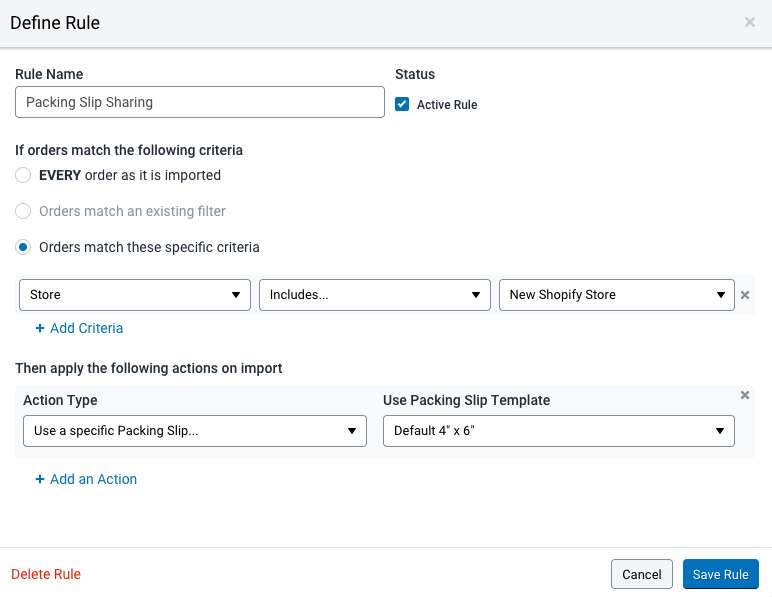 Define Rule section of Automation Rules showing to Use a specific packing slip for specific orders