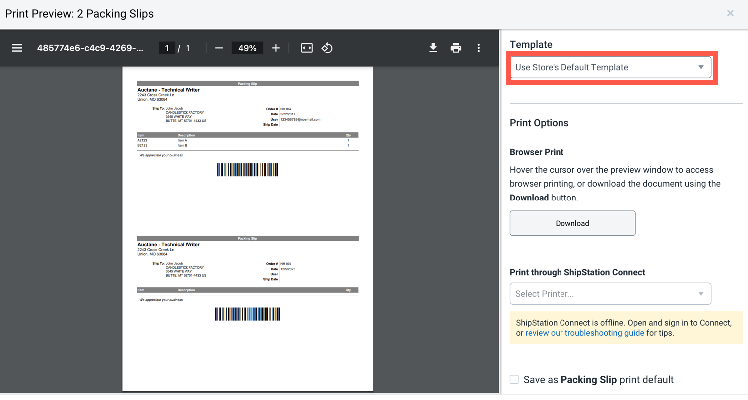 Print preview open of packing slip with Template name highlighted
