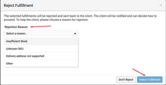 Reject Fulfillment popup when 3PL or Dropship manager cancels fulfillment order on Order Grid