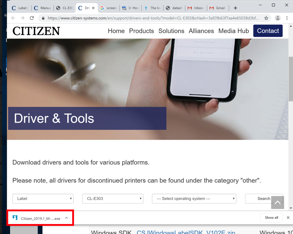 Citizen-Website im Google Chrome-Browser geöffnet, um den E303Z-Treiber für Windows herunterzuladen.