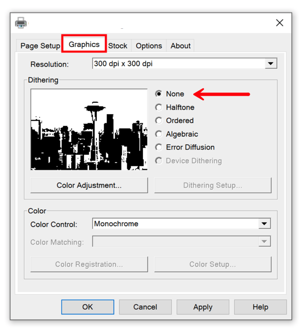 In den Windows-Druckeinstellungen ist die Registerkarte „Grafiken“ geöffnet und die Auflösung auf 300x300 dpi und Pixelschattierung auf „Keine“ eingestellt.