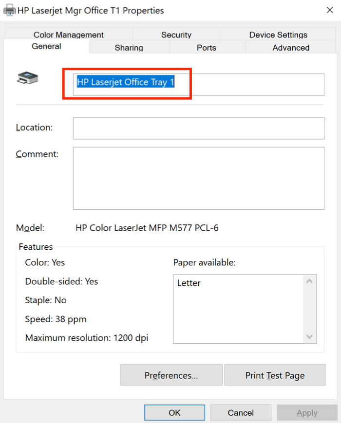 Das Fenster Druckereigenschaften für HP Laserjet Fach 1 ist geöffnet, das Feld Name ist markiert.