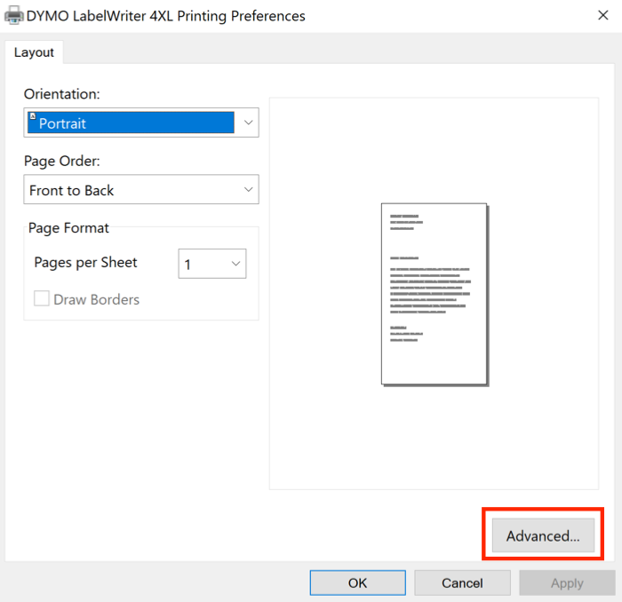 Die Registerkarte „Layout“ der Windows-Druckeinstellungen mit der Schaltfläche „Erweitert“, die durch ein rotes Kästchen hervorgehoben ist.