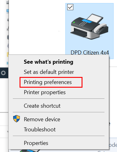 Haz clic derecho en el menú de la impresora DPD Citizen 4x4 abierta con la opción Preferencias de impresión resaltada.