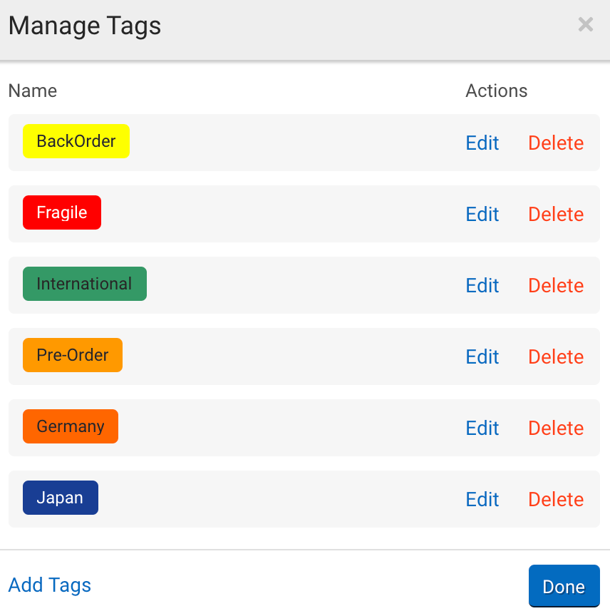 La fenêtre pop-up Gérer les tags comprend les tags Commande internationale, Allemagne et Japon.