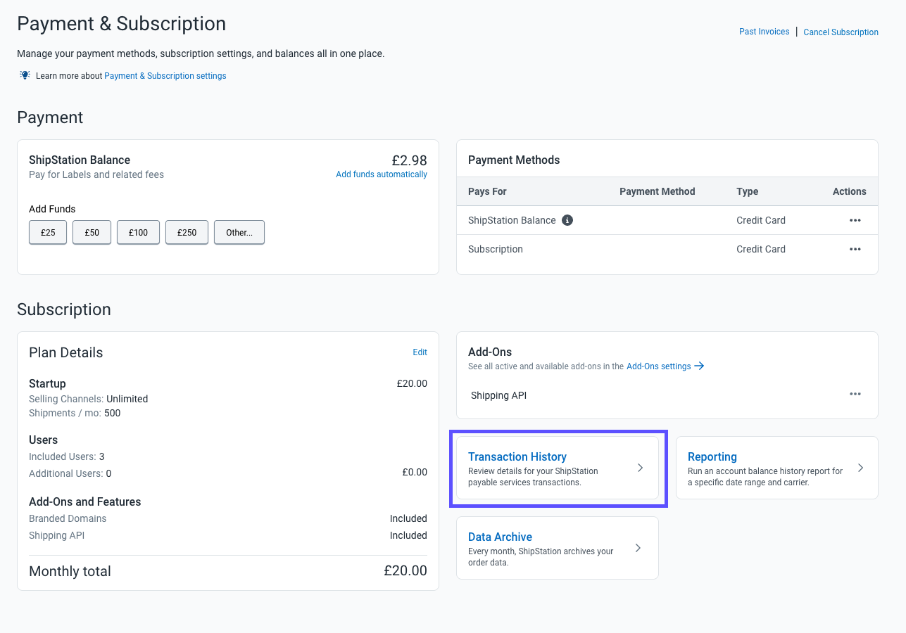 The transaction history tile is highlighted on the Payments and Subscriptions screen.