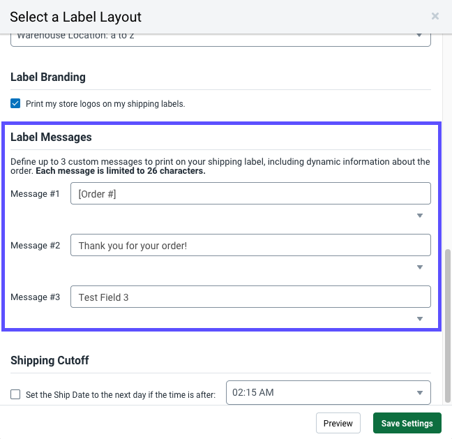 Label Printing Setup popup. Red box highlights Label Messages panel with 3 message fields