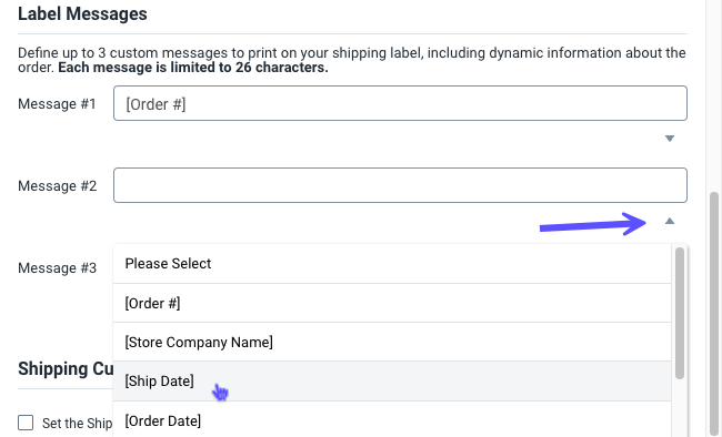 Label Messages popup. Red arrow points to Message #2 dropdown menu options. SKU #1 selected.