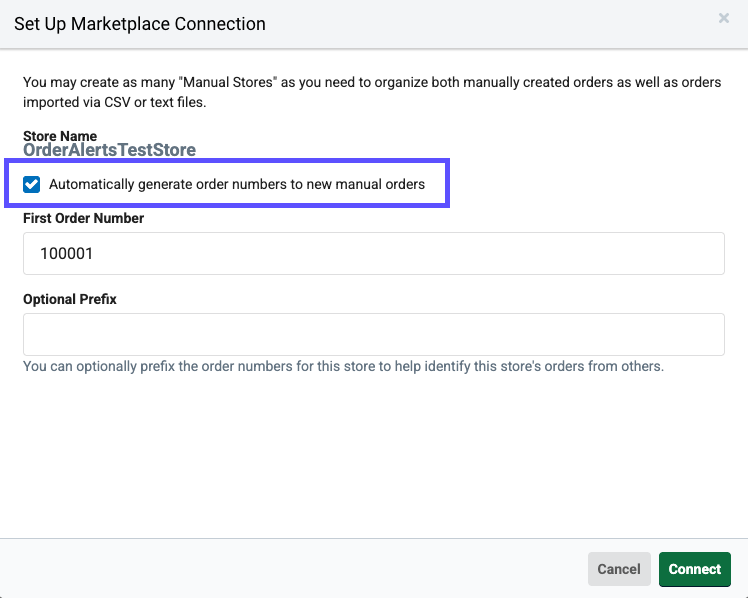 Manual store settings with outline around the "Automatically generate order number" option, which is enabled.