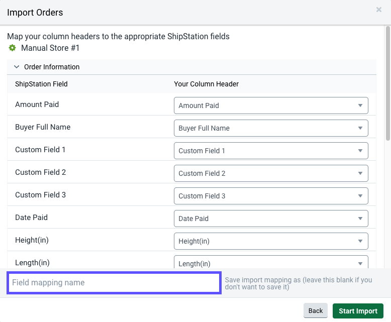 Close-up of Import Orders pop-up. Red box highlights: Field Mapping Name