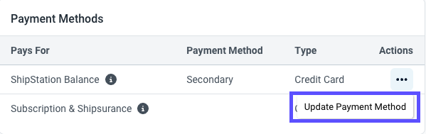 L'option de mise à jour du mode de paiement est affichée pour le solde ShipStation.