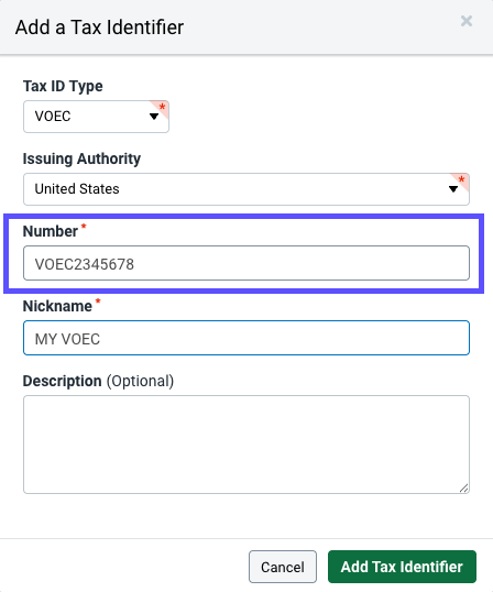 Settings. Shipping. International. Popup shows V O E C number in number field