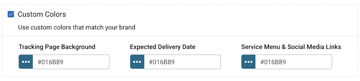 Custom Colors section of Store Settings. Three options for page background, delivery date, & service menu