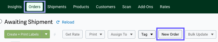 Orders tab. New Order button highlighted